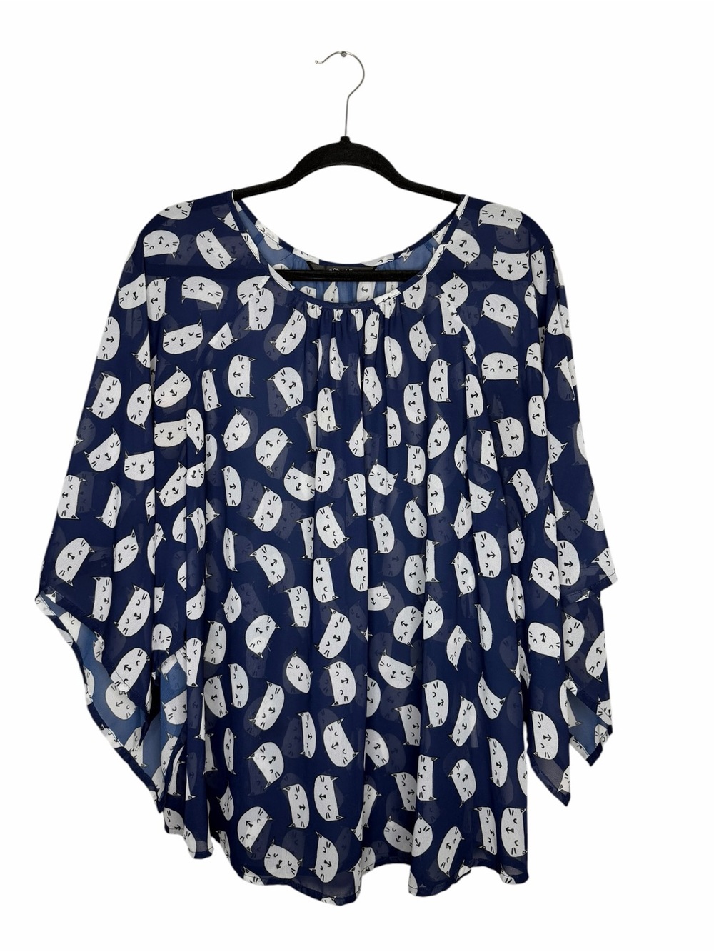 ESHAKTI / navy blue white kitty cat face kimono sleeve blouse top / 14W